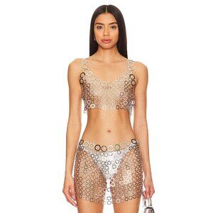 h:ours Womens Metal Top in Silver Large New Cropped Chainmail tank
